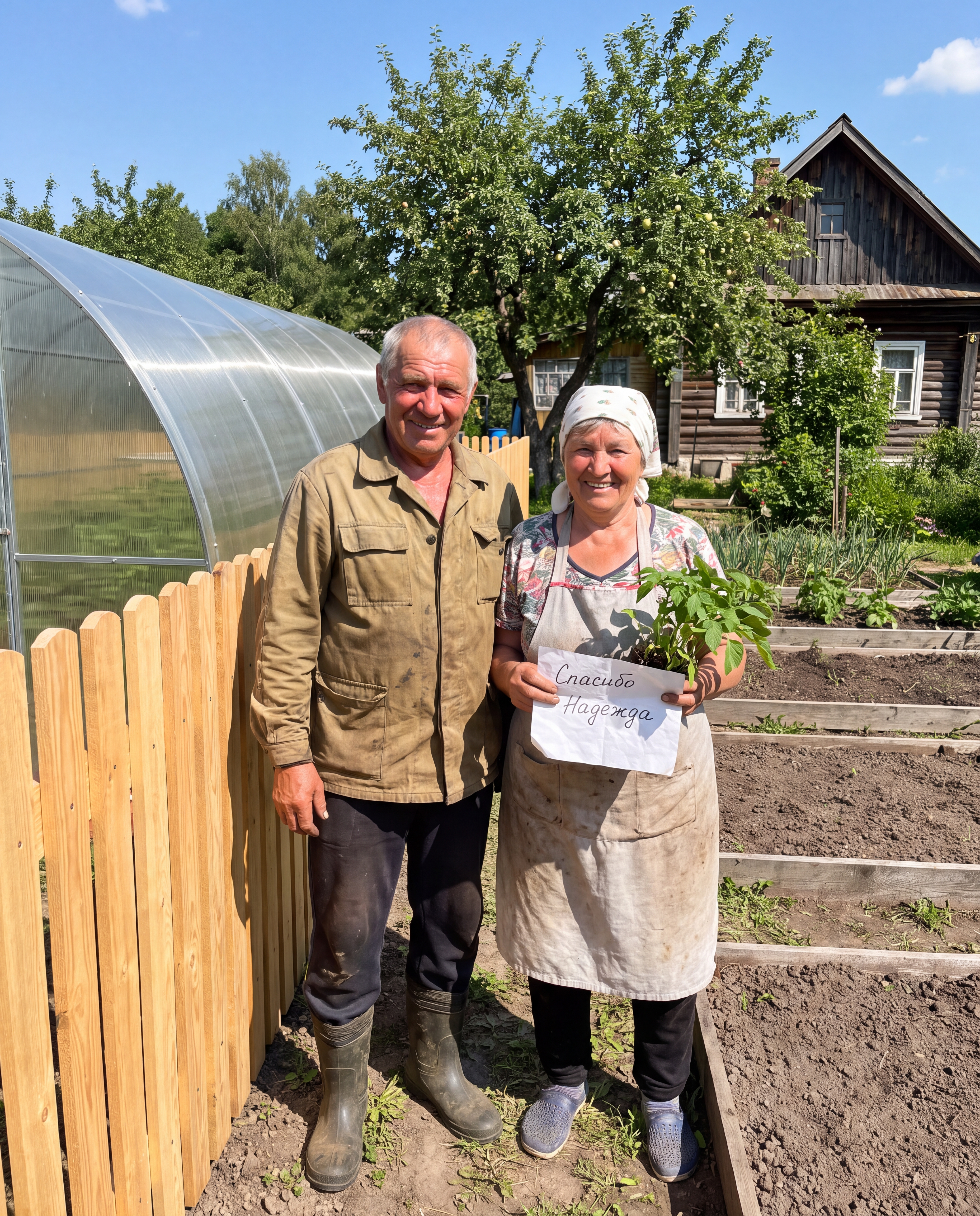 Пожилая пара на даче у новой теплицы